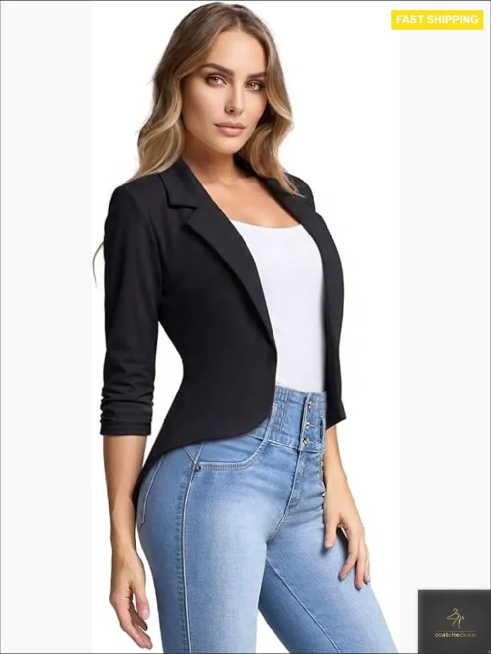High Low Blazer Open Front Notch Collar Long Sleeve Work Office Suit Jacket